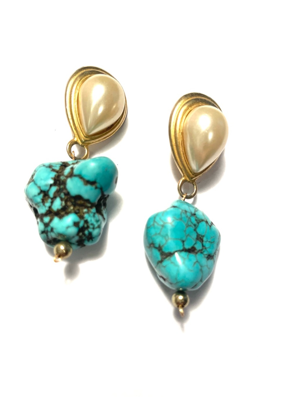 Pearl-Top Turquoise Drop Earrings - Gold Tone